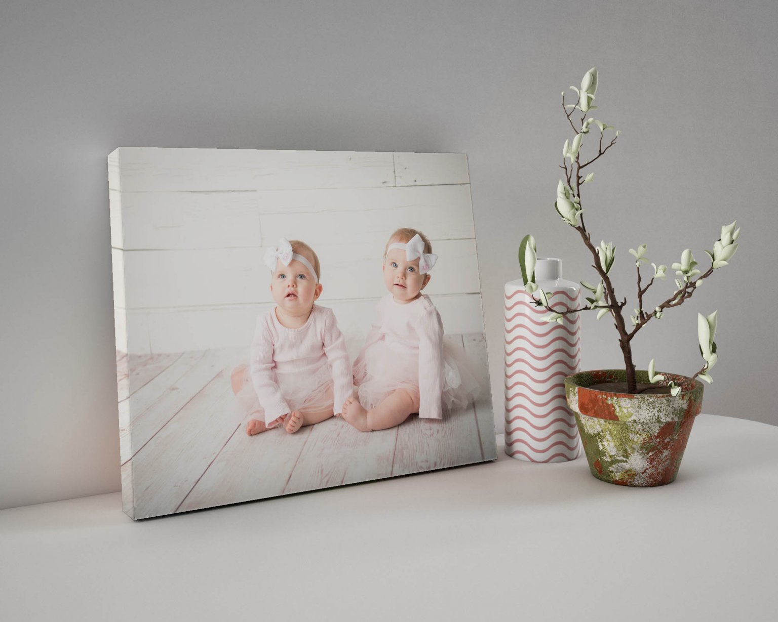 Fine Art Canvas of twin baby girls created South Bend Mishawaka Granger Plymouth Culver Indiana Always Images studio as first year memory pictures for walls with orchid plant.