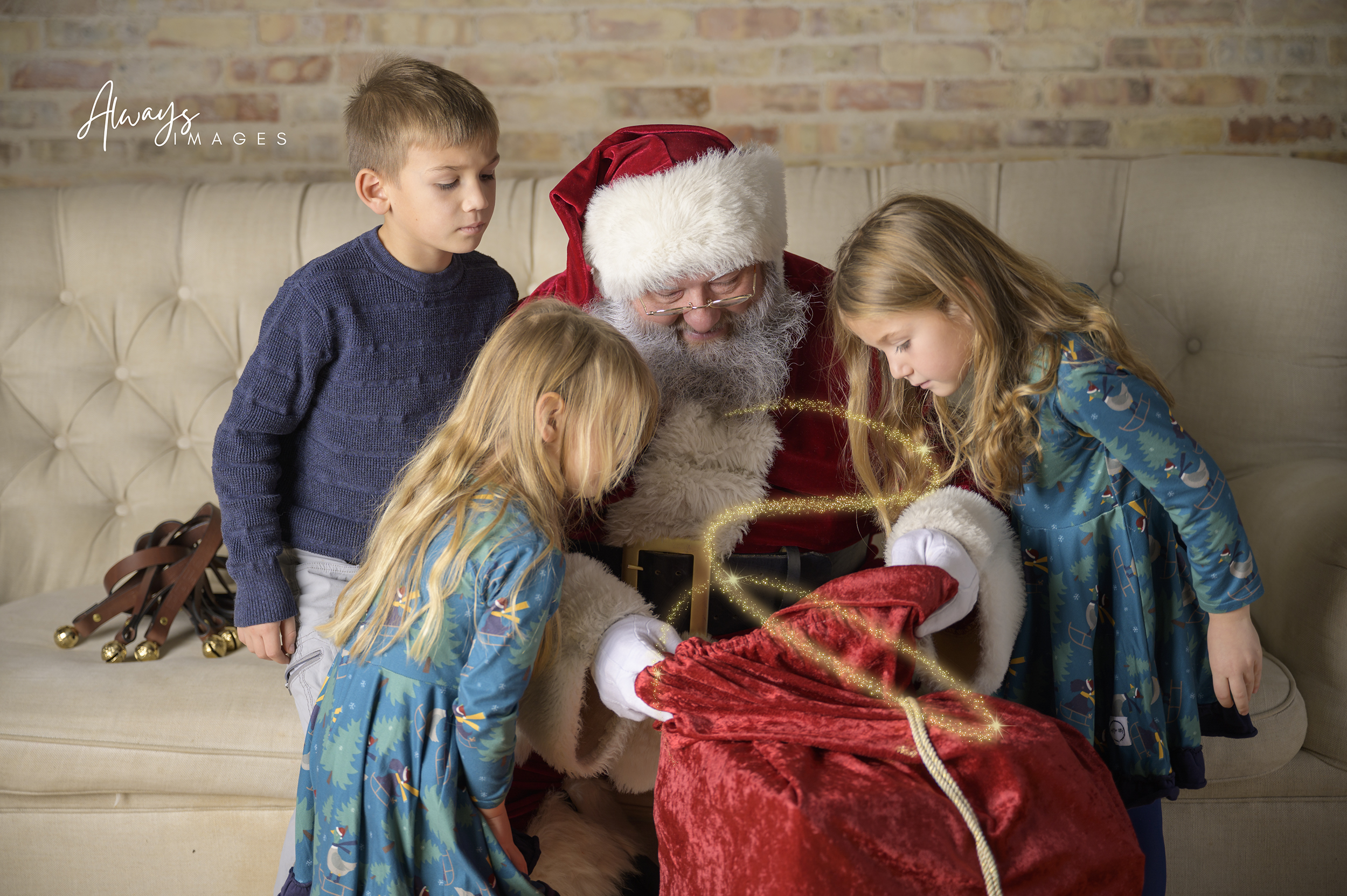Children with Santa Looking into Magical Red Sack