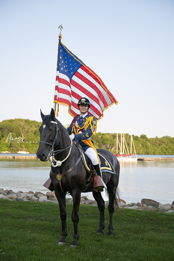 Culver Military Academy Troop Senior Portrait near Lake Maxinkuckee on Horseback in full uniform.